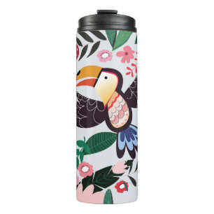 Tropische vogels, bloemendoedelpatroon. thermosbeker