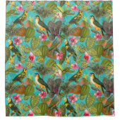 Tropische vogels en bloemen in het Oerwoud-blauwgr Douchegordijn (Voorkant)