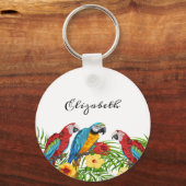 Tropische vogels parrots blauwe rode palmbladeren  sleutelhanger (Voorkant)