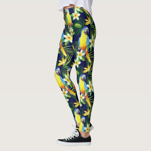 Tropische vogels - Parrots en Hibiscus op Black Ba Leggings (Links)