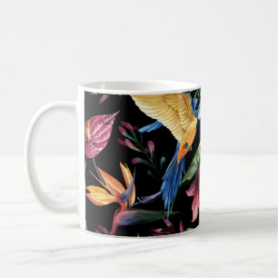 Tropische vogels, waterverven: bloemmotief. koffiemok