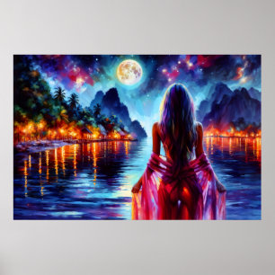 Tropische vrouw in het maanlicht in paradijs poster