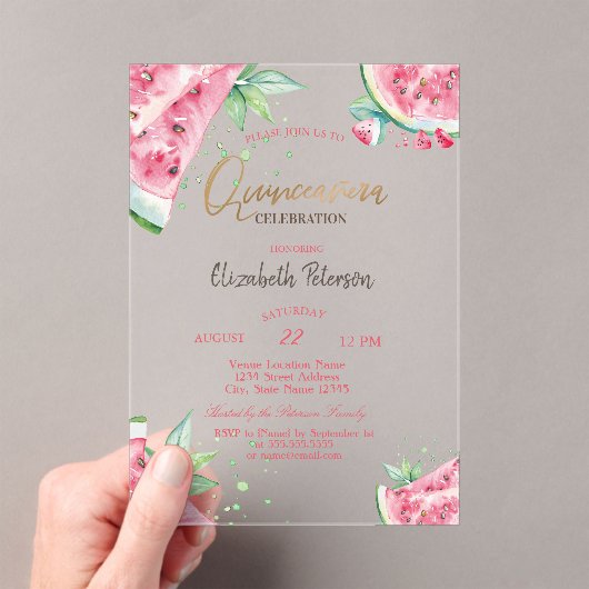 Tropische Watermeloen Zomer Quinceanera Acryl Uitnodigingen (Insitu (Draagbaar))