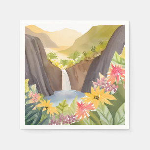 Tropische Waterval   Bloem Landschap in Waterverf Servet