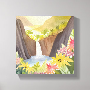 Tropische Waterval Bloemenschildering in Waterve Canvas Afdruk
