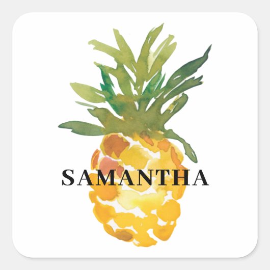 Tropische Waterverf Ananas Naam Vierkante Sticker (Voorkant)