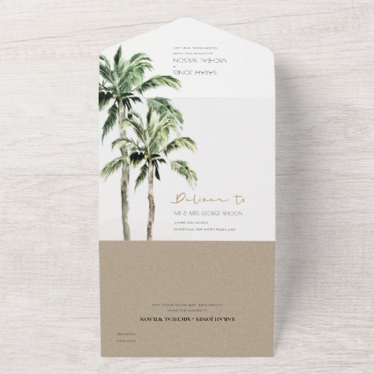 Tropische Waterverf Beach Palm Trees bruiloft All In One Uitnodiging (Buitenkant)