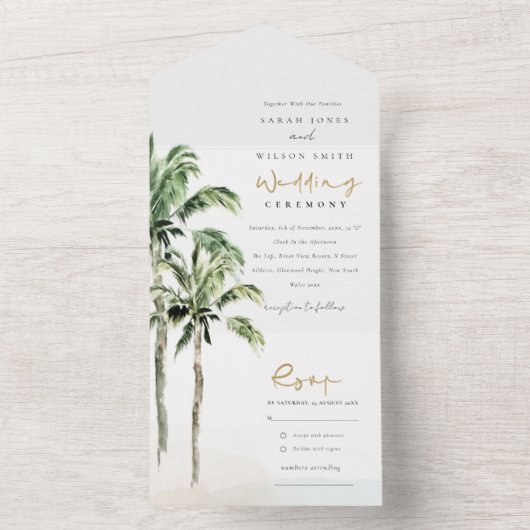 Tropische Waterverf Beach Palm Trees bruiloft All In One Uitnodiging (Binnen)
