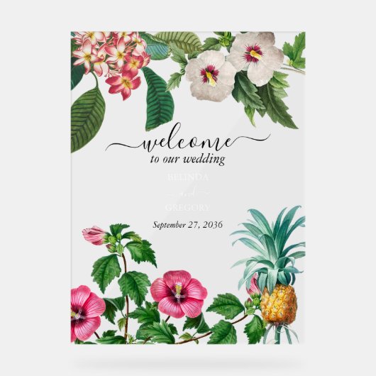 Tropische Waterverf Bloemen & Groen Bruiloft Acryl Bord (Voorkant)