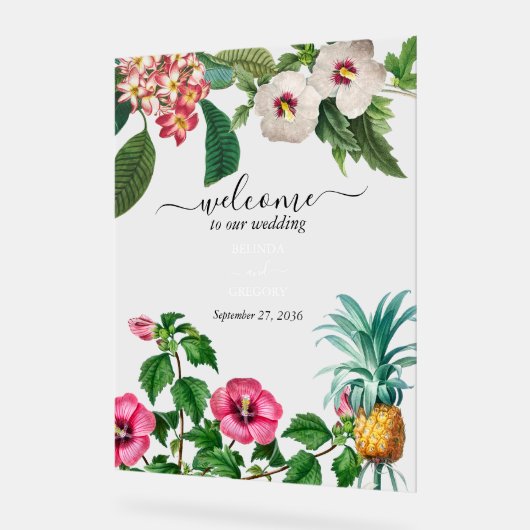 Tropische Waterverf Bloemen & Groen Bruiloft Acryl Bord (Hoek)