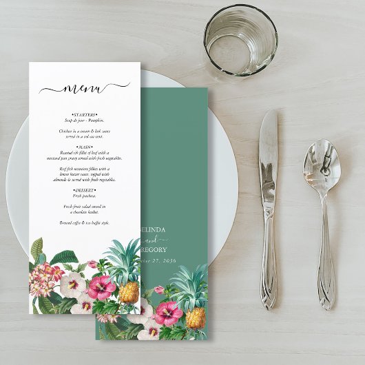 Tropische Waterverf Bloemen & Groen Bruiloft Menu