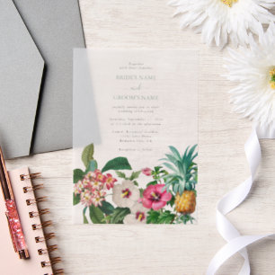 Tropische Waterverf Bloemen & Groen Bruiloft Vellum Uitnodigingen