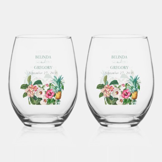 Tropische Waterverf Bloemen & Groen Bruiloft Wijnglas Zonder Voet (Voorkant)