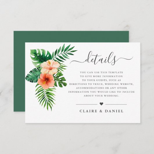 Tropische Waterverf Bloemen Groene Bruiloft Detail Informatiekaartje (Voorkant / Achterkant)