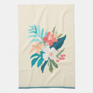 Tropische waterverf bloemen in koraal en turquoise theedoek