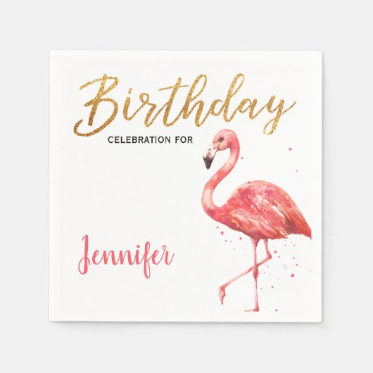 Tropische Waterverf Flamingo Glitter Verjaardag | Servet (Voorkant)