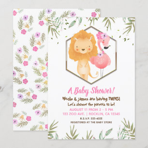 Tropische Waterverf Flamingo & Leeuw Baby Shower Kaart