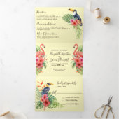 Tropische Waterverf Flamingo's Alles in een bruilo Drieluik Uitnodiging (Binnen)