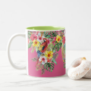 Tropische Waterverf Floral Parrots Monogram Tweekleurige Koffiemok
