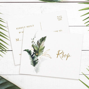 Tropische Waterverf Foliage Gold Wedding RSVP Uitnodiging Briefkaart