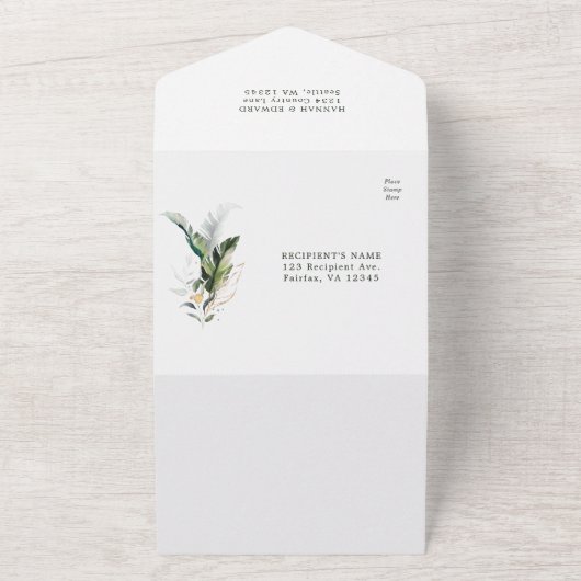 Tropische Waterverf Groene bruiloft QR Code All In One Uitnodiging (Buitenkant)