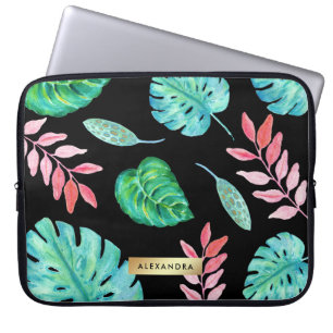 Tropische Waterverf met Faux Gold laat zwart over Laptop Sleeve