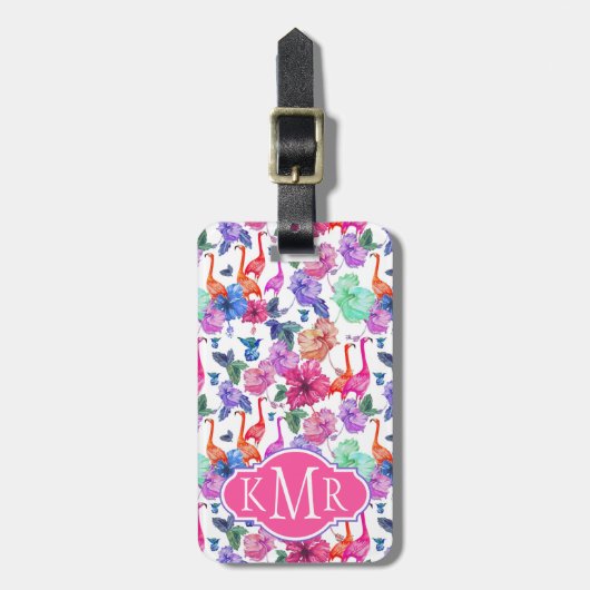 Tropische Waterverf Patroon | Monogram Bagagelabel (Voorkant verticaal)