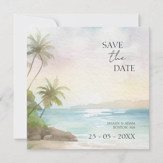 Tropische Waterverf Strand Palm Trees Bruiloft Save The Date (Voorkant)