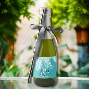 Tropische Witte Palmen Velden op Turquoise Mini Sparkling Wijnetiket