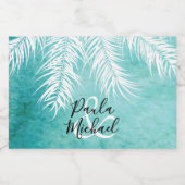 Tropische witte palmschijfjes op Turquoise Mini Sparkling Wijnetiket (Enkel label)