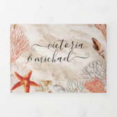 Tropische Zeeschelp en Koraal Sandy Beach Wedding  Drieluik Uitnodiging (Cover)