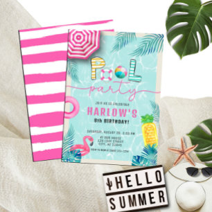 Tropische Zomer Leuk Meisje Zwembad Party Verjaard Kaart