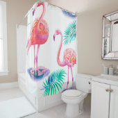 Tropische zomer met flamingoliepalmbladeren en exo douchegordijn (In situ)