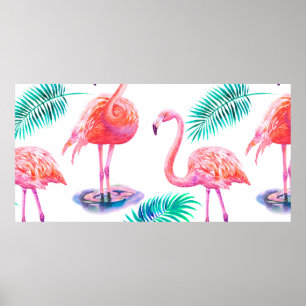 Tropische zomer met flamingoliepalmbladeren en exo poster