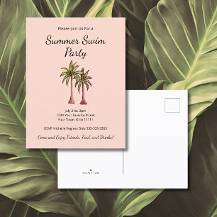 Tropische Zomer Pool Party Palm Trees Blush Pink Uitnodiging Briefkaart