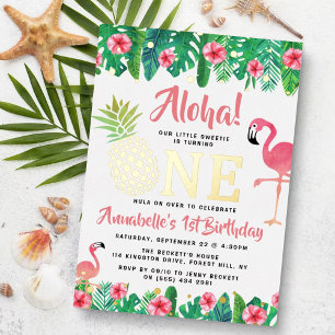 Tropische Zomer Strand Luau Meisjes 1e Verjaardag  Folie Uitnodiging