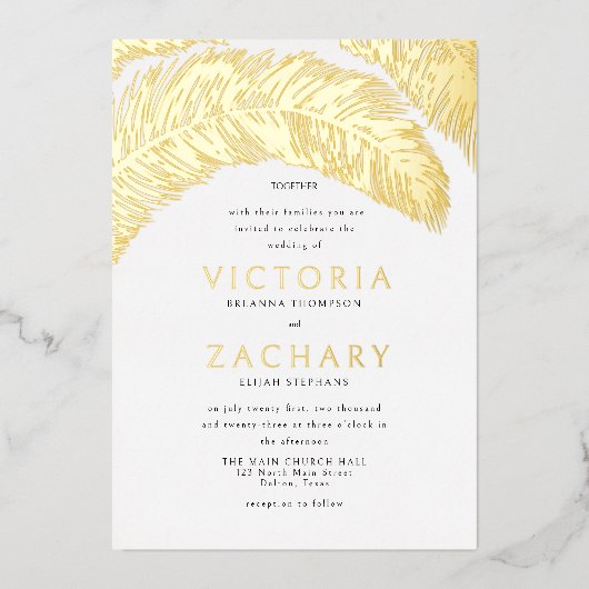 Tropische zomerpalm blaast goudbruin rond folie uitnodiging (Voorkant)