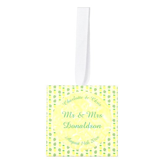 Tropische zomerweddenschap Ananas en palmbladeren Kubus Ornament (Voorkant)