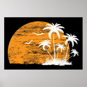 Tropische zon, palmbomen en vogelprint poster