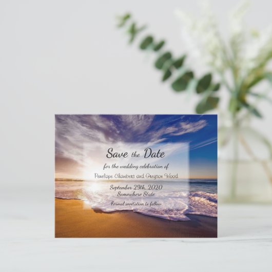 Tropische zonneschijnbruiloft bespaart datum aankondigingskaart (Staand voorkant)