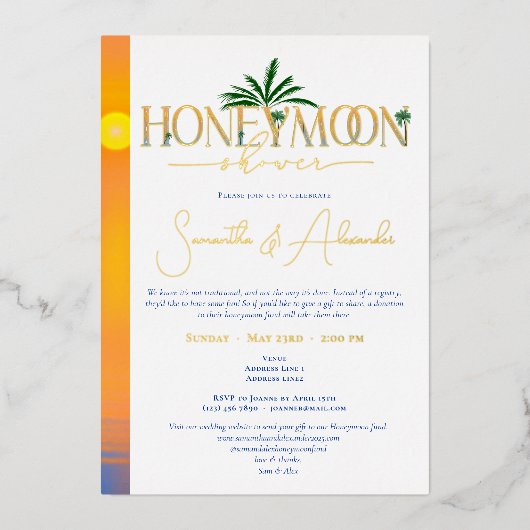 Tropische zonsondergang huwelijksreis paren douche folie uitnodiging (Voorkant)