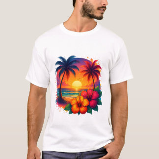 Tropische zonsondergang met palmbomen en hibiscus t-shirt