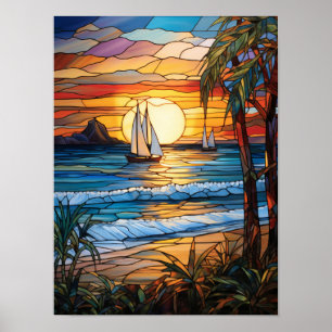 Tropische zonsondergang met zeilboten en oceaangol poster