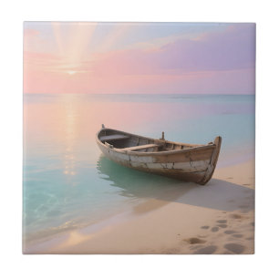 Tropische Zonsondergang op Strand met Houten Boot Tegeltje