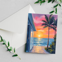 Tropische Zonsondergang Palm Beach Oceaan Aquarel 