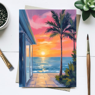 Tropische Zonsondergang Palm Beach Oceaan Aquarel Briefkaart