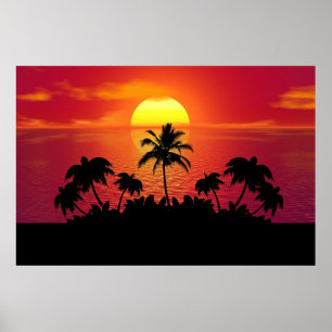 Tropische Zonsondergang Palmboom Silhouet Strand Poster