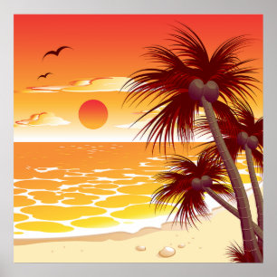 Tropische Zonsondergang Strand Palmboom Eiland Poster