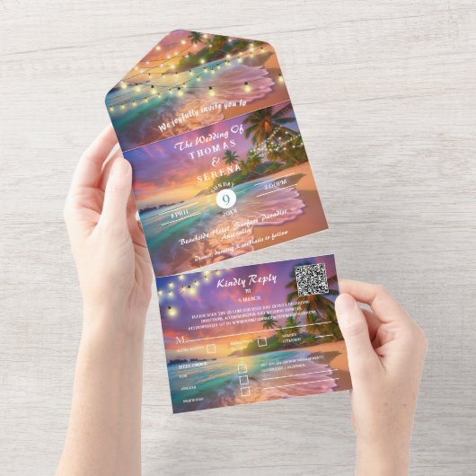 Tropische Zonsondergang Strand QR Code Oceaan All In One Uitnodiging (Afscheurbaar)