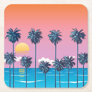 Tropische zonsondergang:  strandillustratie vierkante kartonnen onderzetter
